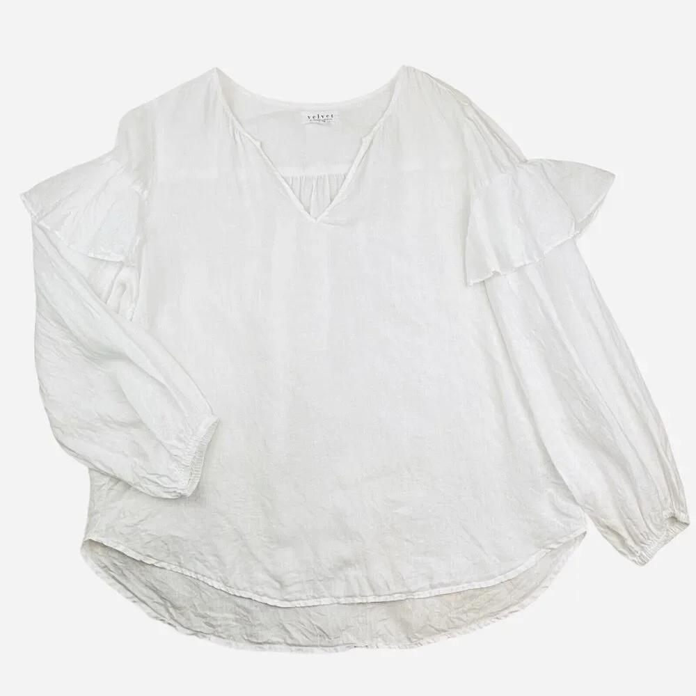 Velvet Womens Linen Tyra Ruffled Long-Sleeve Peasant Boho Top‎ Sz Large White - Picture 11 of 13